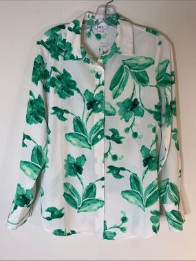 Bar III White Blouse with Green Botanical Print. S. NWT.